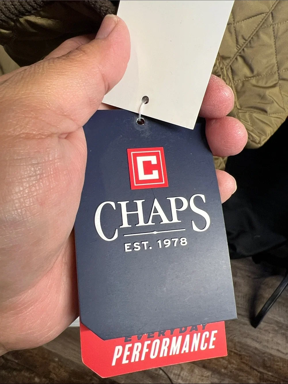 Chaps Quilted Olive Jacket with Brown Corduroy Collar
